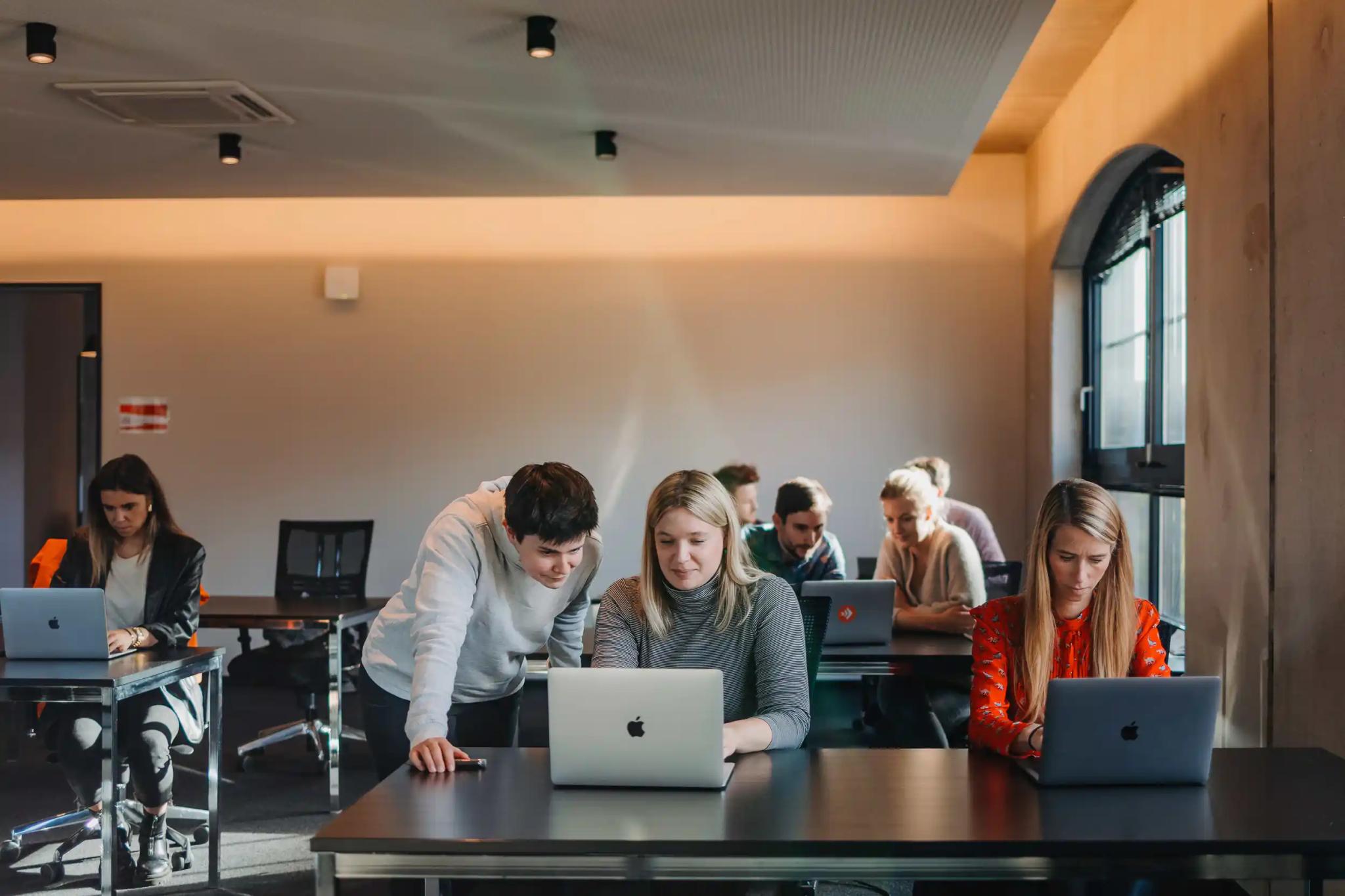 People working on laptops in a classroom.
