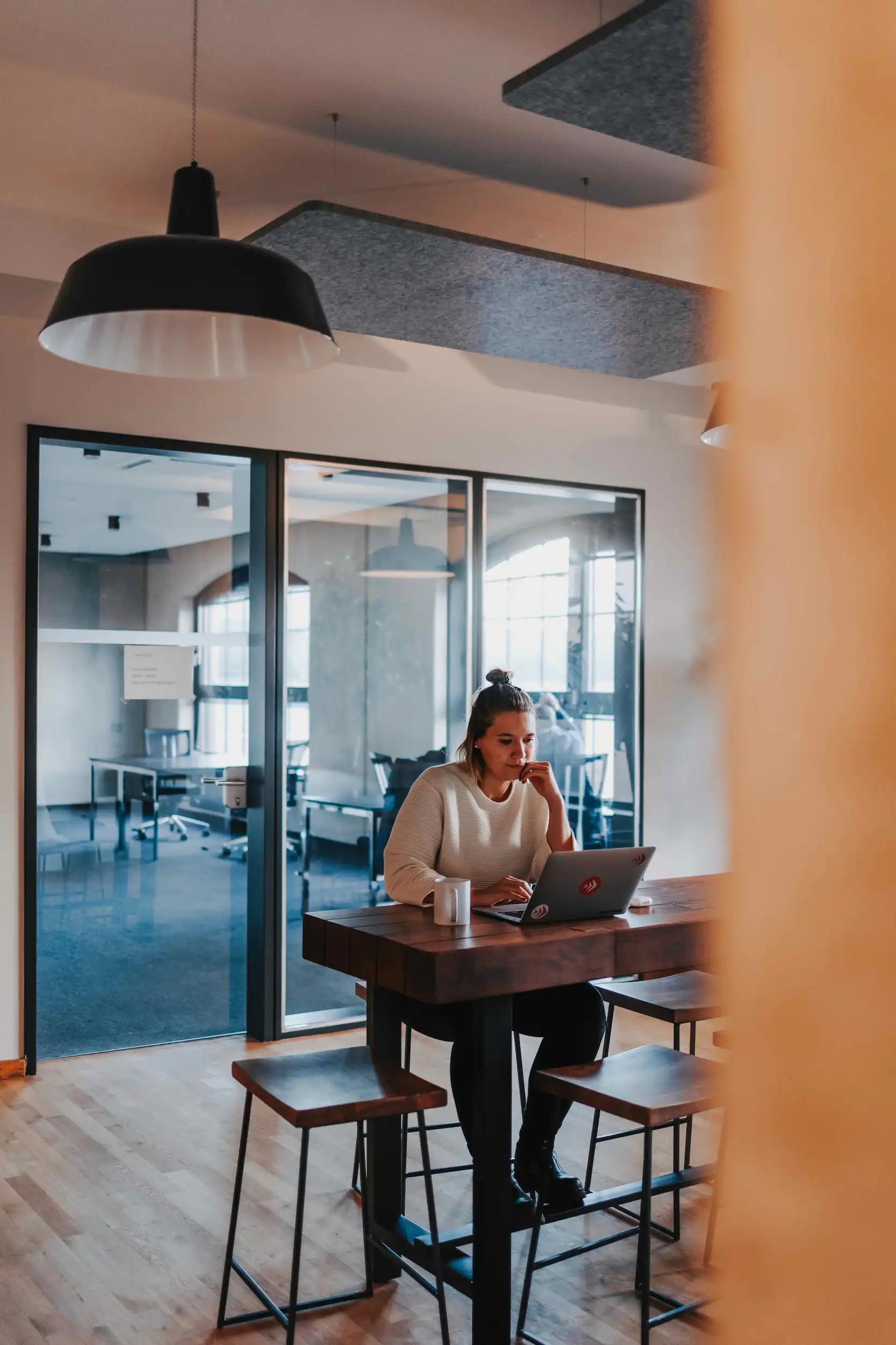 Woman working on laptop in modern office.