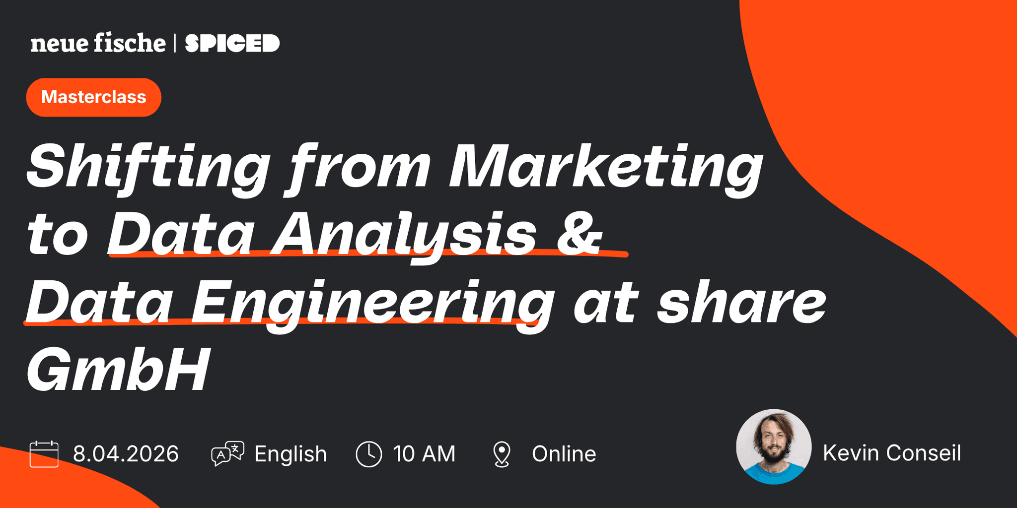 Ankündigung eines Online-Masterclass-Webinars zur Datenanalyse und Data Engineering bei share GmbH.