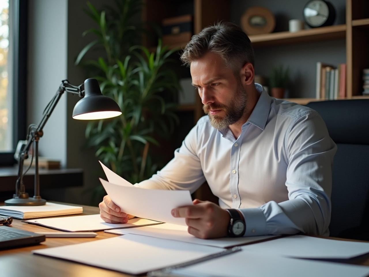Man reading documents at desk