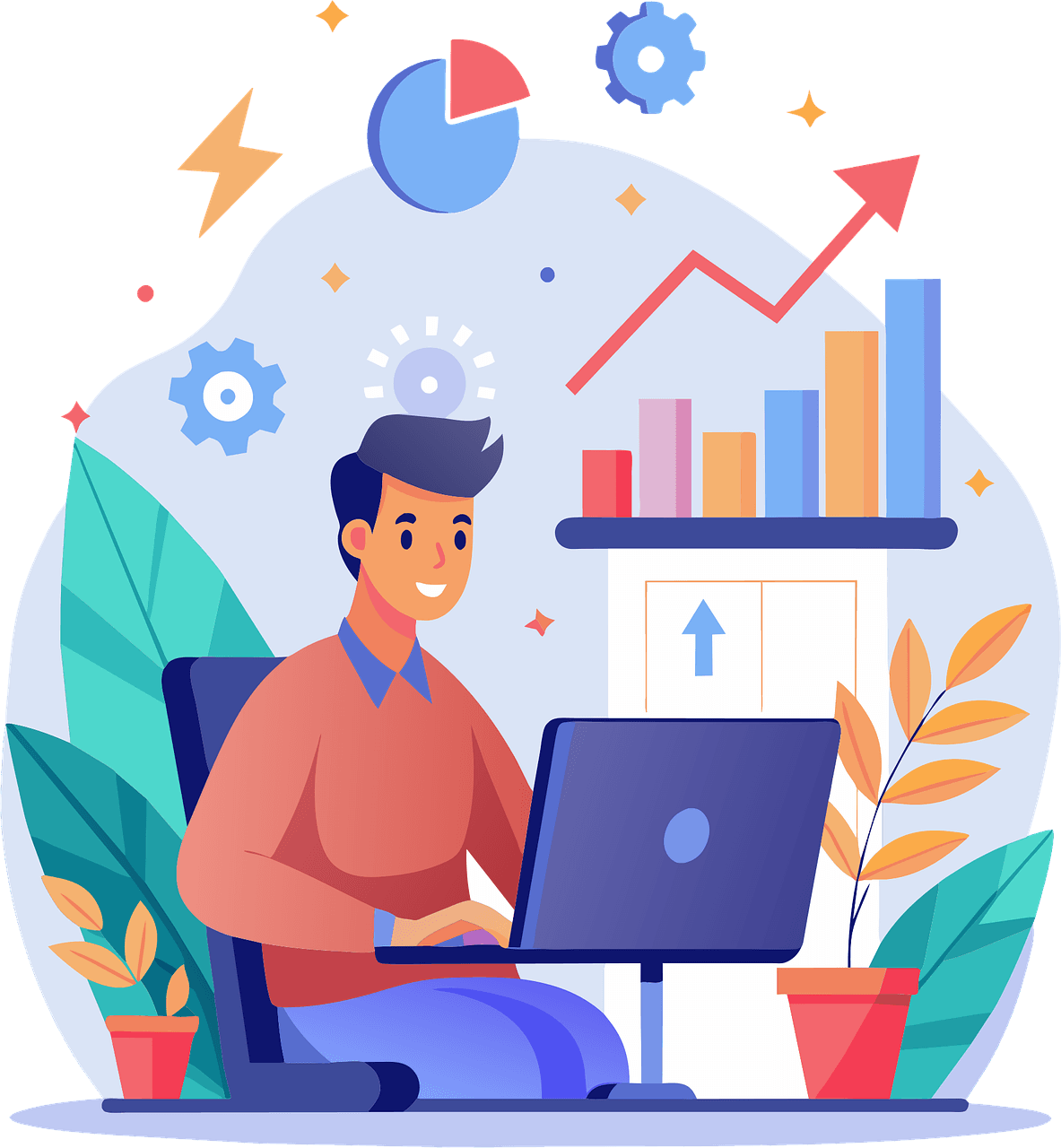 Mann arbeitet am Laptop mit wachsenden Diagrammen.