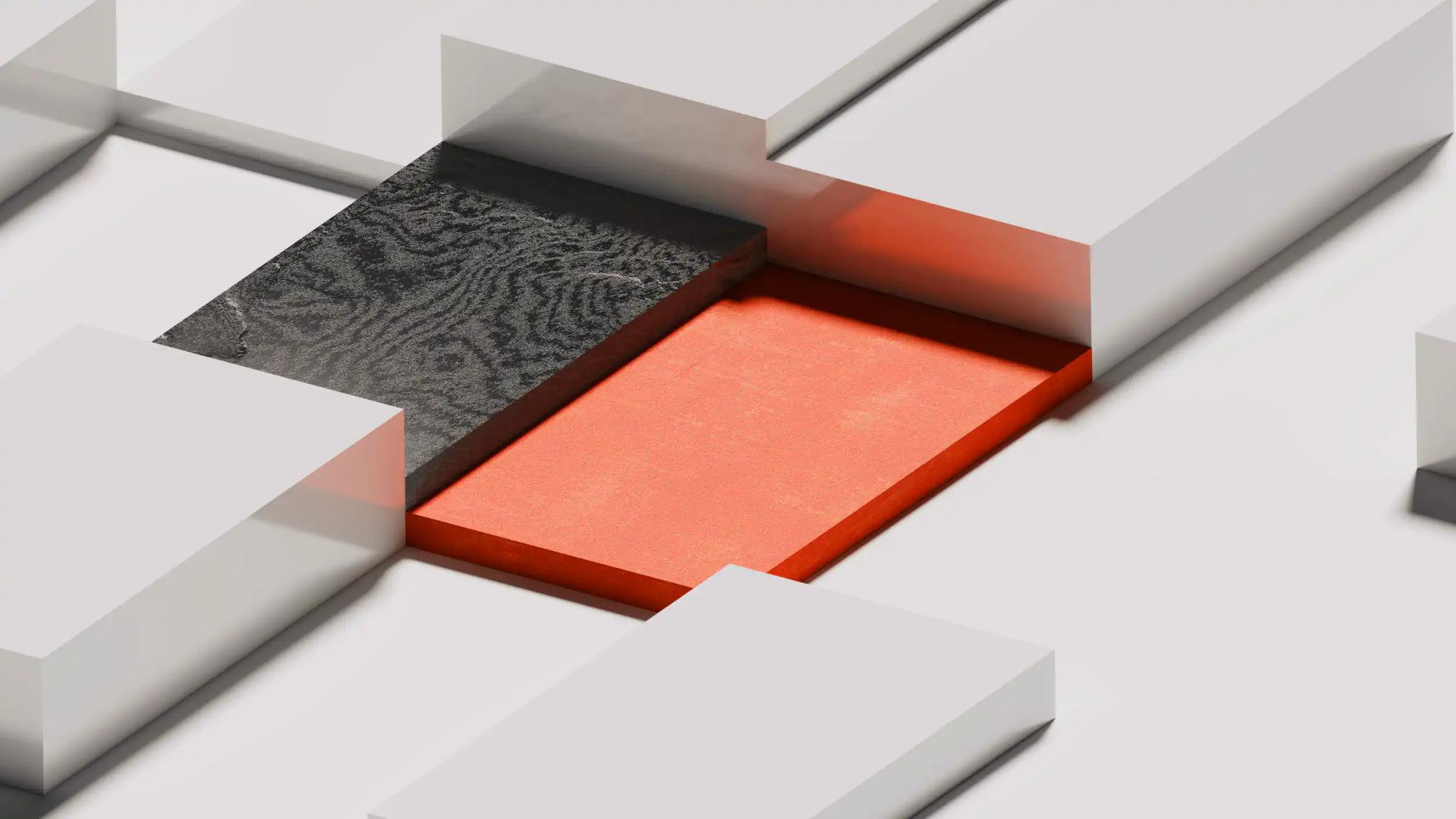 Abstrakte geometrische Formen mit orangefarbenem und schwarzem Quadrat.