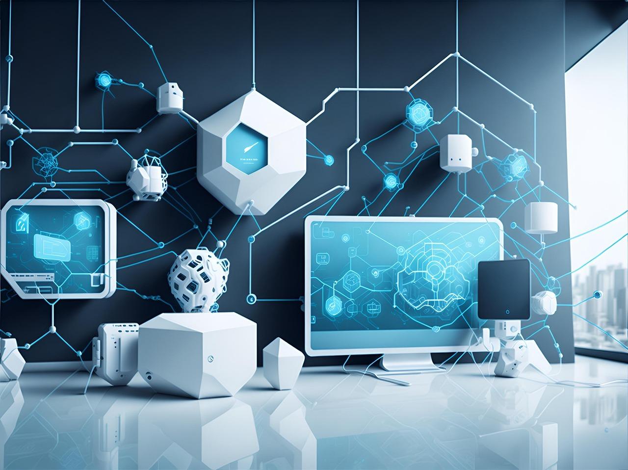 Moderner Arbeitsplatz mit vernetzten digitalen Geräten und Bildschirmen.