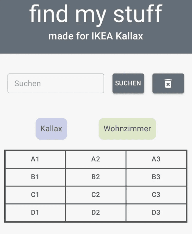 Benutzeroberfläche zur Suche in einem IKEA Kallax Regal.