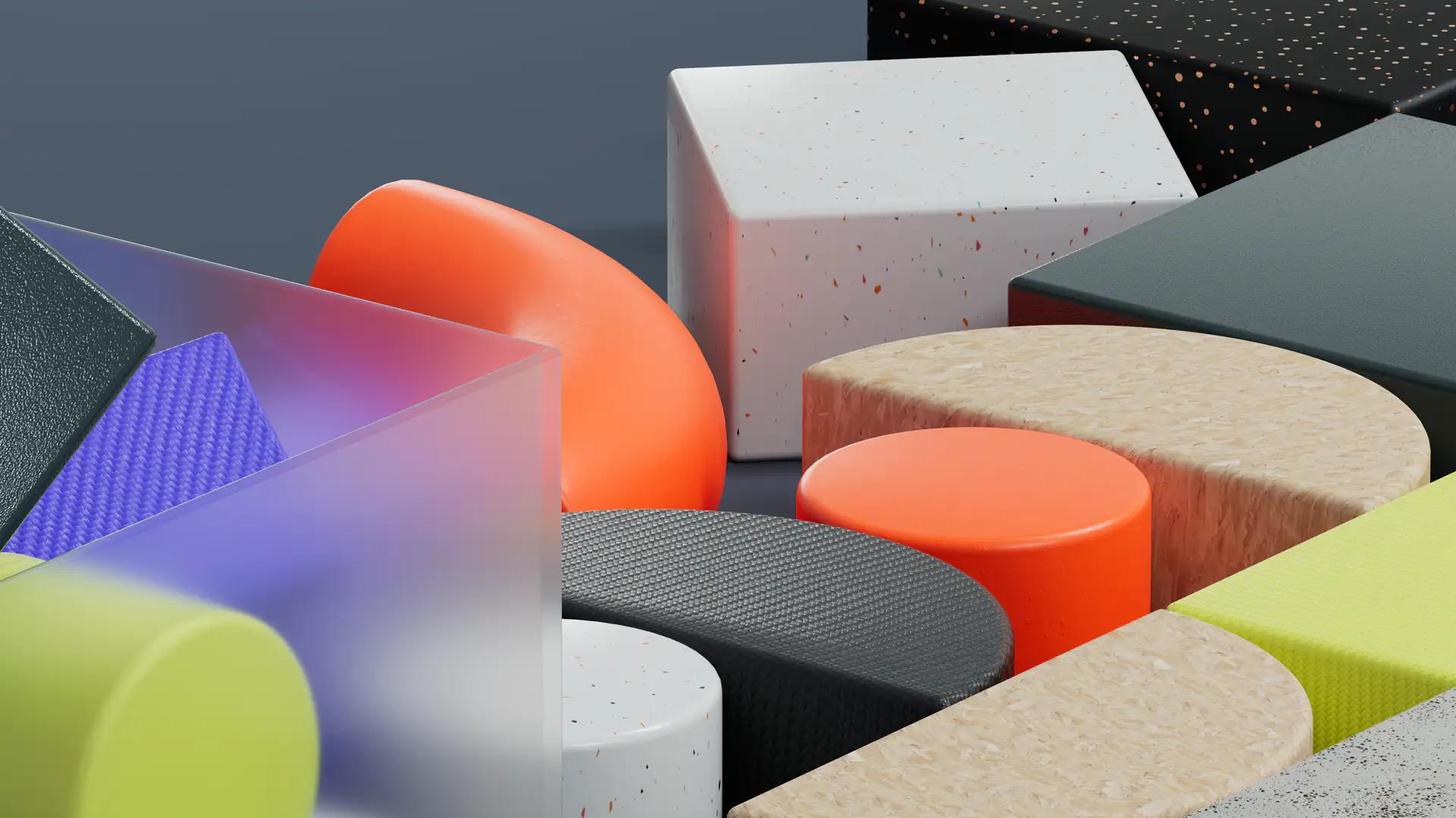 Verschiedene geometrische Formen aus unterschiedlichen Materialien.