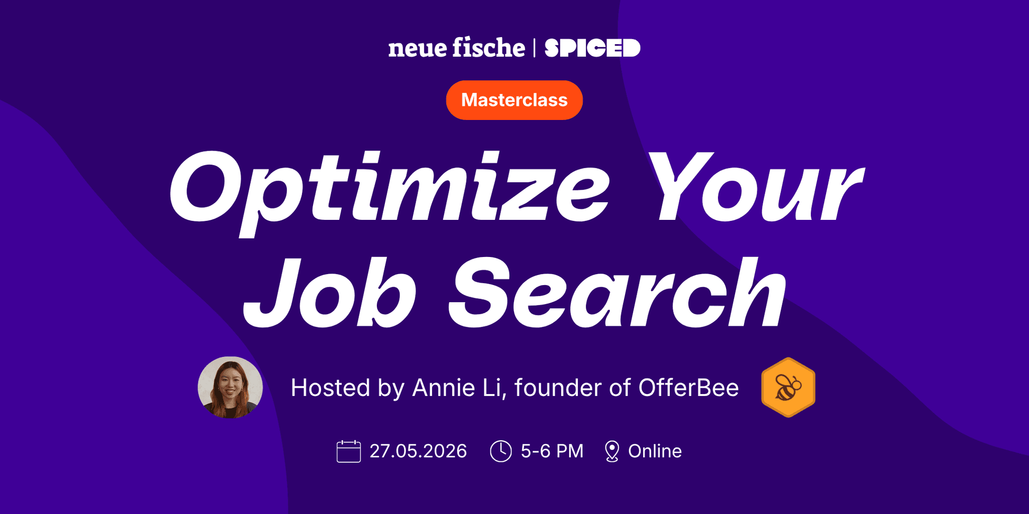 Banner für Masterclass 'Optimize Your Job Search' mit Ankündigung und Veranstaltungsdetails