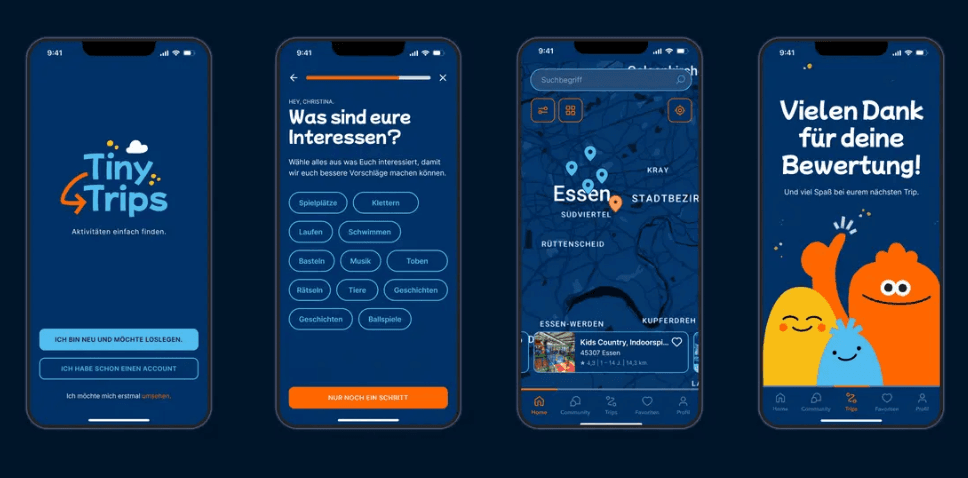 Screenshots der Tiny Trips App mit Startbildschirm, Aktivitätenauswahl, Kartenansicht und Dankeschön-Bildschirm.