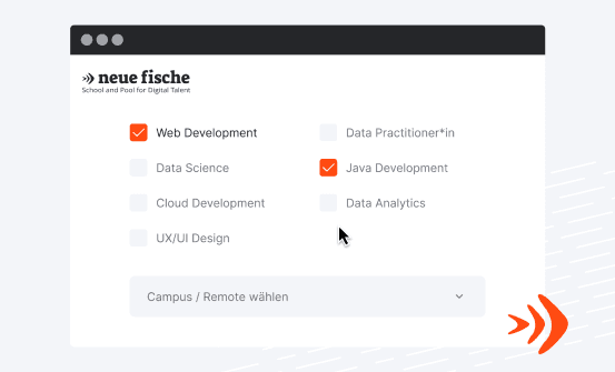 Auswahlmenü für Online-Kurse zu Web- und Java-Entwicklung bei neue fische.