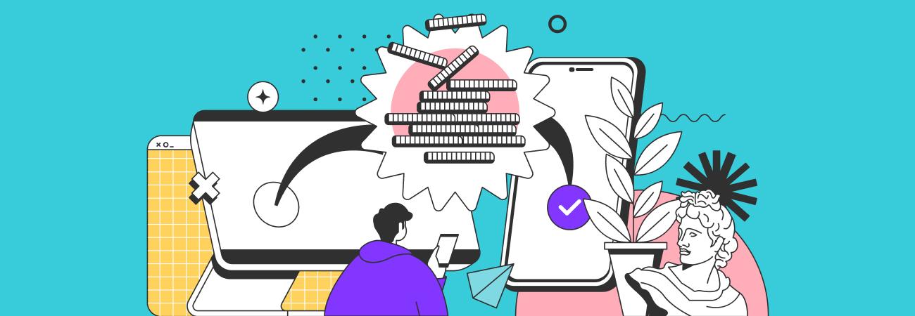 Illustration von Person, die Computer und Handy mit Stapel von Münzen benutzt